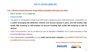 ETSI TS 103 433 (2020-03)
– Part 1: Directly Standard Dynamic Range (SDR) Compatible HDR System (SL-HDR1)
• ETSI TS 103 433-1 V1.3.1 (2020-03)
• Advanced HDR
• The goal is to standardize a single layer HDR system addressing direct SDR backwards compatibility i.e.
a system leveraging SDR distribution networks and services already in place and that enables high
quality HDR rendering on HDR-enabled CE devices including high quality SDR rendering on SDR CE
devices.
• These enhancements will be enabled by use of dynamic metadata and a post processor in the
Consumer Electronics device.
• Direct backwards compatibility by using static and dynamic metadata (using SMPTE ST 2094-20 Philips
and 2094-30 Technicolor formats)
Dynamic Metadata for Color Volume Transform
130
 
