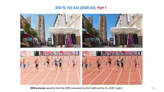 SDR pictures resulting from the HDR conversion by HLG (left) and by SL-HDR1 (right)
ETSI TS 103 433 (2020-03), Part 1
132
 