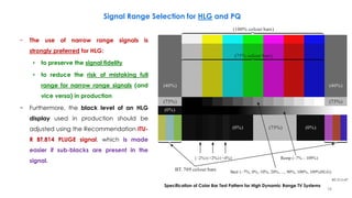 − The use of narrow range signals is
strongly preferred for HLG:
• to preserve the signal fidelity
• to reduce the risk of mistaking full
range for narrow range signals (and
vice versa) in production
− Furthermore, the black level of an HLG
display used in production should be
adjusted using the Recommendation ITU-
R BT.814 PLUGE signal, which is made
easier if sub-blacks are present in the
signal.
Signal Range Selection for HLG and PQ
BT.2111-07
(40%)
(75%)
(0%)
(75%)
(0%)
(0%)
(75%)
(40%)
(75% colour bars)
(100% colour bars)
(–2%) (+2%) (+4%)
BT. 709 colour bars
Ramp (–7% - 109%)
Stair (–7%, 0%, 10%, 20%, ..., 90%, 100%, 109%HLG)
Specification of Color Bar Test Pattern for High Dynamic Range TV Systems
16
 