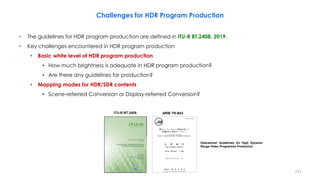 Challenges for HDR Program Production
− The guidelines for HDR program production are defined in ITU-R BT.2408, 2019.
− Key challenges encountered in HDR program production
• Basic white level of HDR program production
• How much brightness is adequate in HDR program production?
• Are there any guidelines for production?
• Mapping modes for HDR/SDR contents
• Scene-referred Conversion or Display-referred Conversion?
ARIB TR-B43
Operational Guidelines for High Dynamic
Range Video Programme Production
ITU-R BT.2408.
171
 