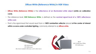 − Diffuse White (Reference White) is the reflectance of an illuminated white object (white on calibration
card).
− The reference level, HDR Reference White, is defined as the nominal signal level of a 100% reflectance
white card.
− That is the signal level that would result from a 100% Lambertian reflector placed at the center of interest
within a scene under controlled lighting, commonly referred to as diffuse white.
Diffuse White (Reference White) in HDR Video
90% Reflectance
18% Reflectance
(the closest standard reflectance card to skin tones)
Black
100 % ReflectanceWhite
18% Reflectance
174
 