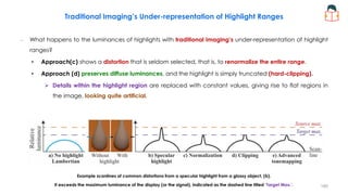 Traditional Imaging’s Under-representation of Highlight Ranges
– What happens to the luminances of highlights with traditional imaging’s under-representation of highlight
ranges?
• Approach(c) shows a distortion that is seldom selected, that is, to renormalize the entire range.
• Approach (d) preserves diffuse luminances, and the highlight is simply truncated (hard-clipping).
 Details within the highlight region are replaced with constant values, giving rise to flat regions in
the image, looking quite artificial.
Example scanlines of common distortions from a specular highlight from a glossy object, (b).
It exceeds the maximum luminance of the display (or the signal), indicated as the dashed line titled ‘Target Max.’. 180
 