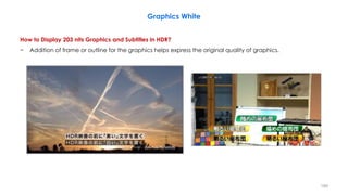How to Display 203 nits Graphics and Subtitles in HDR?
− Addition of frame or outline for the graphics helps express the original quality of graphics.
Graphics White
189
 