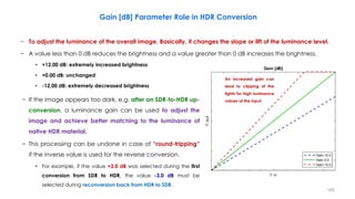 − To adjust the luminance of the overall image. Basically, it changes the slope or lift of the luminance level.
− A value less than 0 dB reduces the brightness and a value greater than 0 dB increases the brightness.
• +12,00 dB: extremely increased brightness
• +0.00 dB: unchanged
• -12,00 dB: extremely decreased brightness
Gain [dB] Parameter Role in HDR Conversion
An increased gain can
lead to clipping of the
lights for high luminance
values at the input.
− If the image appears too dark, e.g. after an SDR-to-HDR up-
conversion, a luminance gain can be used to adjust the
image and achieve better matching to the luminance of
native HDR material.
− This processing can be undone in case of “round-tripping”
if the inverse value is used for the reverse conversion.
• For example, if the value +3.0 dB was selected during the first
conversion from SDR to HDR, the value -3.0 dB must be
selected during reconversion back from HDR to SDR.
195
 
