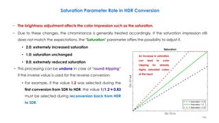 − The brightness adjustment affects the color impression such as the saturation.
− Due to these changes, the chrominance is generally treated accordingly. If the saturation impression still
does not match the expectations, the "Saturation" parameter offers the possibility to adjust it.
• 2.0: extremely increased saturation
• 1.0: saturation unchanged
• 0.0: extremely reduced saturation
Saturation Parameter Role in HDR Conversion
An increase in saturation
can lead to color
clipping for already
highly saturated colors
at the input.
− This processing can be undone in case of “round-tripping”
if the inverse value is used for the reverse conversion.
• For example, if the value 1.2 was selected during the
first conversion from SDR to HDR, the value 1/1.2 ≈ 0.83
must be selected during reconversion back from HDR
to SDR.
196
 
