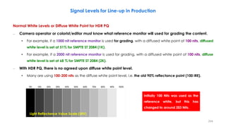 Normal White Levels or Diffuse White Point for HDR PQ
– Camera operator or colorist/editor must know what reference monitor will used for grading the content.
• For example, if a 1000 nit reference monitor is used for grading, with a diffused white point of 100 nits, diffused
white level is set at 51% for SMPTE ST 2084 (1K).
• For example, if a 2000 nit reference monitor is used for grading, with a diffused white point of 100 nits, diffuse
white level is set at 68 % for SMPTE ST 2084 (2K).
– With HDR PQ, there is no agreed upon diffuse white point level.
• Many are using 100-200 nits as the diffuse white point level, i.e. the old 90% reflectance point (100 IRE).
Light Reflectance Value Scale (LRV)
Signal Levels for Line-up in Production
204
Initially 100 Nits was used as the
reference white, but this has
changed to around 203 Nits.
 