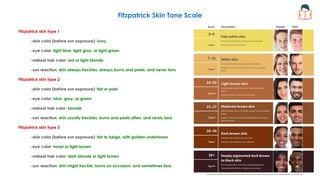 Fitzpatrick Skin Tone Scale
Fitzpatrick skin type 1
–skin color (before sun exposure): ivory
–eye color: light blue, light gray, or light green
–natural hair color: red or light blonde
–sun reaction: skin always freckles, always burns and peels, and never tans
Fitzpatrick skin type 2
–skin color (before sun exposure): fair or pale
–eye color: blue, gray, or green
–natural hair color: blonde
–sun reaction: skin usually freckles, burns and peels often, and rarely tans
Fitzpatrick skin type 3
–skin color (before sun exposure): fair to beige, with golden undertones
–eye color: hazel or light brown
–natural hair color: dark blonde or light brown
–sun reaction: skin might freckle, burns on occasion, and sometimes tans
207
 