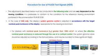 − The adjustments described below must be conducted in the following order and are very dependent on the
viewing conditions. It is preferable to conform to the conditions for the reference viewing environment
contained in Recommendation ITU-R BT.2100:
1. In the case of HLG only, the display’s system gamma control is adjusted in accordance with the target
nominal peak luminance of the display, appropriate for the viewing environment.
• For displays with nominal peak luminance (LW) greater than 1000 cd/m², or where the effective
nominal peak luminance is reduced through the use of a contrast control, the system gamma value
should be adjusted according to the formula below, and may be rounded to three significant digits:
Procedure for Use of PLUGE Test Signals (HDR)
γ = 1.2 + 0.42 log10(
LW
1000
)
218
HLG Display Gamma
Nominal Peak Luminance
(cd/m²)
Display Gamma
400 1.03
600 1.11
800 1.16
1000 1.20
1500 1.27
2000 1.33
 