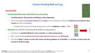 224
Camera Shooting RAW and Log
Shooting RAW :
− Camera photosite sensor data before any processing
• No white balance, ISO (camera's sensitivity) or colour adjustments
• Raw is not a video (not viewable directly on a monitor) but it’s a collection of data that needs to be converted to video
format later (12 to 16 bit depth).
o In single sensor camera, the de-Bayering process combines brightness + colour → RGB
− Example: Sony AXS-R5 16-bit linear RAW 2K/4K recording options
• It preserves the greatest latitude for colour correction and other post processes.
• Sony’s 16-bit recording captures more tonal values than the human eye can differentiate.
• Sony RAW retains 16 times as many Red, Green and Blue gradations as 12-bit RAW and 64 times as many tones per
channel as 10-bit recording.
ISO Sensitivity is a standard set by the International Organization for Standardization (ISO) that represents sensitivity to light as a numerical value.
ISO can help you capture images in darker environments, or be more flexible about your aperture and shutter speed settings.
De-Bayer
R
G
B
 