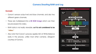 225
Camera Shooting RAW and Log
Example:
− Canon’s sensors output red and blue channels, and also two
different green channels.
− These are multiplexed into a 4K RAW image which can then
be processed into video.
− RAW data is not really viewable, so it is not considered to be
“video.”
− Also note that Canon’s process applies ISO at White Balance
early in the process, unlike most other cameras. (Diagram
courtesy of Canon).
 
