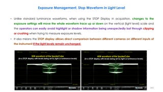 − Unlike standard luminance waveforms, when using the STOP Display in acquisition, changes to the
exposure settings will move the whole waveform trace up or down on the vertical (light level) scale and
the operators can easily avoid highlight or shadow information being unexpectedly lost through clipping
or crushing when trying to measure exposure levels.
− It also means the STOP display allows direct comparison between different cameras on different inputs of
the instrument if the light levels remain unchanged.
Exposure Management, Stop Waveform in Light Level
243
SDR waveform of the SpyderCube
(in a STOP display with levels being set by light or luminance levels)
HDR waveform of the SpyderCube.
(in a STOP display with levels being set by light or luminance levels)
 