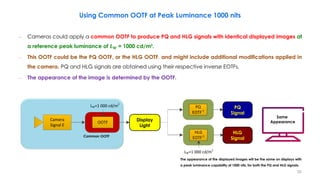 Using Common OOTF at Peak Luminance 1000 nits
PQ Signal
Display Light
PQ
EOTF-1
OOTF
LW=1 000 cd/m2
Camera
Signal E
HLG Signal
HLG
EOTF-1
LW=1 000 cd/m2
Common OOTF
Same
Appearance
– Cameras could apply a common OOTF to produce PQ and HLG signals with identical displayed images at
a reference peak luminance of 𝑳𝐖 = 1000 cd/m².
– This OOTF could be the PQ OOTF, or the HLG OOTF, and might include additional modifications applied in
the camera. PQ and HLG signals are obtained using their respective inverse EOTFs.
– The appearance of the image is determined by the OOTF.
Display
Light
PQ
Signal
HLG
Signal
The appearance of the displayed images will be the same on displays with
a peak luminance capability of 1000 nits, for both the PQ and HLG signals.
35
 