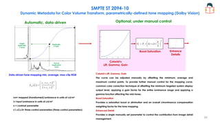 SMPTE ST 2094-10
Dynamic Metadata for Color Volume Transform, parametrically-defined tone mapping (Dolby Vision)
Automatic, data-driven Optional, under manual control
Data-driven tone mapping min, average, max clip RGB
Colorist’s
Lift, Gamma, Gain
Boost Saturation Enhance
Details
Target
Applicatio
n Level
Source
Application
Level
Applicatio
n Point
Lm= mapped (transformed) luminance in units of cd/m²
L= input luminance in units of cd/m²
n = contrast parameter
c1,c2,c3= three control parameters (three control parameters)
Colorist’s Lift, Gamma, Gain
The curve can be adjusted manually by offsetting the minimum, average and
maximum control points. To provide further manual control for the mapping curve,
common color correction technique of offsetting the minimum targeted system display
output level, applying a gain factor for the entire luminance range and applying a
gamma function affecting the mid-tones.
Boost Saturation
Provides a saturation boost or diminution and an overall chrominance compensation
weighting factor for the tone mapping.
Enhanced Detail
Provides a single manually set parameter to control the contribution from image detail
management.
65
 