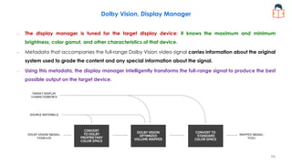 Dolby Vision, Display Manager
– The display manager is tuned for the target display device: it knows the maximum and minimum
brightness, color gamut, and other characteristics of that device.
– Metadata that accompanies the full-range Dolby Vision video signal carries information about the original
system used to grade the content and any special information about the signal.
– Using this metadata, the display manager intelligently transforms the full-range signal to produce the best
possible output on the target device.
69
 