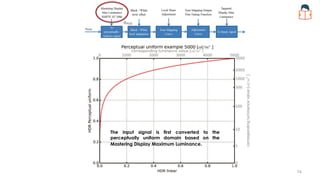 The input signal is first converted to the
perceptually uniform domain based on the
Mastering Display Maximum Luminance.
74
 