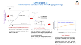 Tone Mapping Curve in Normalized space
knee point
Normalized input
Normalized
value
by
Actual
Peak
Luminance
Auto-Gain Tinted Clips
Boost Saturation
Dimming adjusting
factor
When one color component is significantly larger than
other color components in the scene, the resulted tone
mapped scene can get dimmer compared to creative
intent (or image essence). This can be adjusted using
the dimming adjusting factor.
MaxSCL: A vector with three elements, maximum of
each component of linearized RGB values in the scene.
The saturation mapping compensates the decrease in
color saturation in the targeted system display with a
smaller color volume. The color saturation is
compensated according to the actual luminance
difference between the source image and the tone-
mapped image.
Color saturation mapping function
Normalized Output
Δ= 2
T =16
A tone mapping function shall be composed of a
linear part and a curved part. The two parts shall be
joined by a knee point.
SMPTE ST 2094-40
Color Transform in Scene-based Color Volume Mapping (Samsung)
91
 