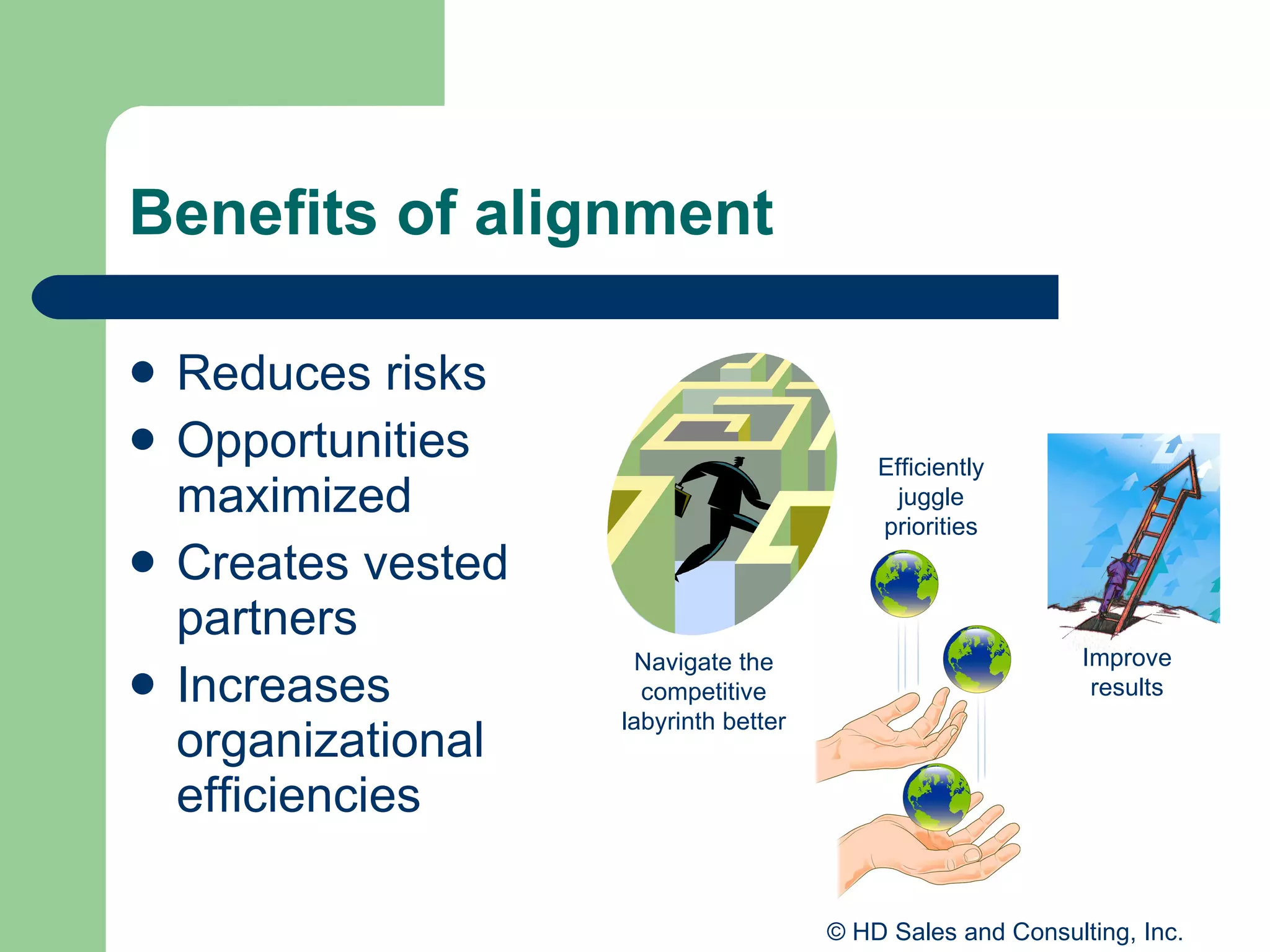 Benefits of alignment Reduces risks Opportunities maximized  Creates vested partners  Increases organizational efficiencies Navigate the competitive labyrinth better Efficiently juggle priorities Improve results 