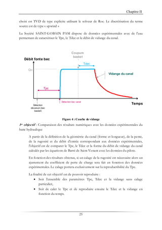Chapitre II
25
choisi est TVD de type explicite utilisant le solveur de Roe. Le discrétisation du terme
source est de type « upwind »
La Société SAINT-GOBAIN PAM dispose de données expérimentales avec de l'eau
permettant de caractériser le Tpc, le Tdec et le débit de vidange du canal.
Figure 4 : Courbe de vidange
1er objectif : Comparaison des résultats numériques avec les données expérimentales du
banc hydraulique
A partir de la définition de la géométrie du canal (forme et longueur), de la pente,
de la rugosité et du débit d'entrée correspondant aux données expérimentales,
l'objectif est de comparer le Tpc, le Tdec et la forme du débit de vidange du canal
calculés par les équations de Barré de Saint-Venant avec les données du pilote.
En fonction des résultats obtenus, si un calage de la rugosité est nécessaire alors un
ajustement du coefficient de perte de charge sera fait en fonction des données
expérimentales. Le calage portera exclusivement sur la reproductibilité du Tpc.
La finalité de cet objectif est de pouvoir reproduire :
• Soit l'ensemble des paramètres Tpc, Tdec et la vidange sans calage
particulier,
• Soit de caler le Tpc et de reproduire ensuite le Tdec et la vidange en
fonction du temps.
Coupure
basket
tdectdec
Détection
déversoir (bec
basket)
Détection bec canal
Débit fonte bec
Temps
Qo
Tpc
Vidange du canal
Tdec
 
