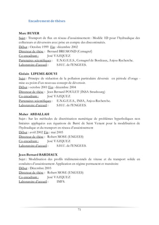 71
Encadrement de thèses
Marc BUYER
Sujet : Transport de flux en réseau d’assainissement : Modèle 1D pour l’hydraulique des
collecteurs et déversoirs avec prise en compte des discontinuités.
Début : Octobre 1999 Fin : décembre 2002
Directeur de thèse : Bernard BREMOND (Cemagref)
Co-encadrant : José VAZQUEZ
Partenaires scientifiques : E.N.G.E.E.S., Cemagref de Bordeaux, Anjou-Recherche.
Laboratoire d’accueil : S.H.U. de l'ENGEES.
Gislain LIPEME-KOUYI
Sujet : Principe de réduction de la pollution particulaire déversée en période d’orage -
mise au point d’un nouveau concept de déversoir.
Début : octobre 2001 Fin : décembre 2004
Directeur de thèse : Jean Bernard POULET (INSA Strasbourg)
Co-encadrant : José VAZQUEZ
Partenaires scientifiques : E.N.G.E.E.S., INSA, Anjou-Recherche.
Laboratoire d’accueil : S.H.U. de l'ENGEES.
Maher ABDALLAH
Sujet : Sur les méthodes de discrétisation numérique de problèmes hyperboliques non
linéaires appliquées aux équations de Barré de Saint Venant pour la modélisation de
l’hydraulique et du transport en réseau d’assainissement
Début : avril 2002 Fin : mai 2005
Directeur de thèse : Robert MOSE (ENGEES)
Co-encadrant : José VAZQUEZ
Laboratoire d’accueil : S.H.U. de l'ENGEES.
Jean-Bernard BARDIAUX
Sujet : Modélisation des profils tridimensionnels de vitesse et du transport solide en
conduites d’assainissement Application en régime permanent et transitoire
Début : Décembre 2005
Directeur de thèse : Robert MOSE (ENGEES)
Co-encadrant : José VAZQUEZ
Laboratoire d’accueil : IMFS.
 