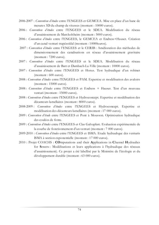 74
2006-2007 : Convention d’études entre l’ENGEES et GEMCEA. Mise en place d’un banc de
mesures 3D du champ de vitesses (montant : 10000 euros).
2006 : Convention d’études entre l’ENGEES et le SDEA. Modélisation du réseau
d’assainissement de Marckolsheim (montant : 5000 euros).
2006 : Convention d’études entre l’ENGEES, le GEMCEA et Endress+Hauser. Création
d’un canal venturi trapézoïdal (montant : 10000euros).
2007 : Convention d’études entre l’ENGEES et le CERIB : Amélioration des méthodes de
dimensionnement des canalisations en réseau d’assainissement gravitaire
(montant : 7200 euros).
2007 : Convention d’études entre l’ENGEES et le SDEA. Modélisation du réseau
d’assainissement de Barr et Dambach-La-Ville (montant : 10000 euros).
2007 : Convention d’études entre l’ENGEES et Horus. Test hydraulique d’un robinet
(montant : 600 euros).
2008 : Convention d’études entre l’ENGEES et PAM. Expertise et modélisation des avaloirs
(montant : 15000 euros).
2008 : Convention d’études entre l’ENGEES et Endress + Hauser. Test d’un nouveau
venturi (montant : 15000 euros).
2008 : Convention d’études entre l’ENGEES et Hydroconcept. Expertise et modélisation des
décanteurs lamellaires (montant : 8000 euros).
2008-2009 : Convention d’études entre l’ENGEES et Hydroconcept. Expertise et
modélisation des décanteurs lamellaires (montant : 17 000 euros).
2009 : Convention d’étude entre l’ENGEES et Pont à Mousson. Optimisation hydraulique
des coulées de fonte.
2009 : Convention d’études entre l’ENGEES et Clas Galvaplast. Evaluation expérimentale de
la courbe de fonctionnement d'un venturi (montant : 7 000 euros).
2009-2010 : Convention d’études entre l’ENGEES et ISMA. Etude hydraulique des venturis
ISMA à section exponentielle (montant : 17 000 euros).
2010 : Projet COACHS : COmputations and their Applications in Channel Hydraulics
for Sewers : Modélisations et leurs applications à l’hydraulique des réseaux
d’assainissement). Ce projet a été labellisé par le Ministère de l’écologie et du
développement durable (montant : 63 000 euros).
 