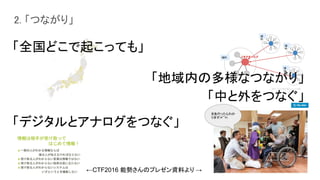 2. 「つながり」
←CTF2016 能勢さんのプレゼン資料より →
「全国どこで起こっても」
「地域内の多様なつながり」
「中と外をつなぐ」
「デジタルとアナログをつなぐ」
 