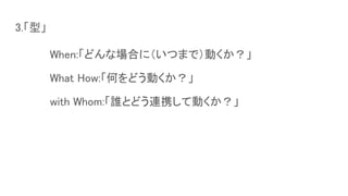 3.「型」
When:「どんな場合に（いつまで）動くか？」
What How:「何をどう動くか？」
with Whom:「誰とどう連携して動くか？」
 