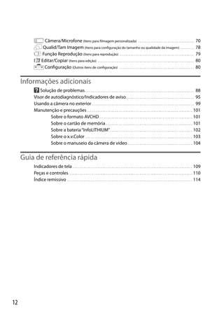 Câmera/Microfone (Itens para filmagem personalizada) . . . . . . . . . . . . . . . . . . . . . . . . . . . . . . . . . . . .
Qualid/Tam Imagem (Itens para configuração do tamanho ou qualidade da imagem) . . . . . . . . .
Função Reprodução (Itens para reprodução) . . . . . . . . . . . . . . . . . . . . . . . . . . . . . . . . . . . . . . . . . . . . . . . .
Editar/Copiar (Itens para edição) . . . . . . . . . . . . . . . . . . . . . . . . . . . . . . . . . . . . . . . . . . . . . . . . . . . . . . . . . . . . . .
Configuração (Outros itens de configuração) . . . . . . . . . . . . . . . . . . . . . . . . . . . . . . . . . . . . . . . . . . . . . . . .

70
78
79
80
80

Informações adicionais
Solução de problemas . . . . . . . . . . . . . . . . . . . . . . . . . . . . . . . . . . . . . . . . . . . . . . . . . . . . . . . . . . . . . . . . . . . . . . 88
Visor de autodiagnóstico/Indicadores de aviso . . . . . . . . . . . . . . . . . . . . . . . . . . . . . . . . . . . . . . . . . . . . 95
Usando a câmera no exterior . . . . . . . . . . . . . . . . . . . . . . . . . . . . . . . . . . . . . . . . . . . . . . . . . . . . . . . . . . . . . . . . . . 99
Manutenção e precauções . . . . . . . . . . . . . . . . . . . . . . . . . . . . . . . . . . . . . . . . . . . . . . . . . . . . . . . . . . . . . . . . . . . . 101
Sobre o formato AVCHD . . . . . . . . . . . . . . . . . . . . . . . . . . . . . . . . . . . . . . . . . . . . . . . . . . . . . . . . . . . . 101
Sobre o cartão de memória . . . . . . . . . . . . . . . . . . . . . . . . . . . . . . . . . . . . . . . . . . . . . . . . . . . . . . . . 101
Sobre a bateria “InfoLITHIUM” . . . . . . . . . . . . . . . . . . . . . . . . . . . . . . . . . . . . . . . . . . . . . . . . . . . . . 102
Sobre o x.v.Color . . . . . . . . . . . . . . . . . . . . . . . . . . . . . . . . . . . . . . . . . . . . . . . . . . . . . . . . . . . . . . . . . . . . . 103
Sobre o manuseio da câmera de vídeo . . . . . . . . . . . . . . . . . . . . . . . . . . . . . . . . . . . . . . . . . . 104

Guia de referência rápida
Indicadores de tela . . . . . . . . . . . . . . . . . . . . . . . . . . . . . . . . . . . . . . . . . . . . . . . . . . . . . . . . . . . . . . . . . . . . . . . . . . . . . 109
Peças e controles . . . . . . . . . . . . . . . . . . . . . . . . . . . . . . . . . . . . . . . . . . . . . . . . . . . . . . . . . . . . . . . . . . . . . . . . . . . . . . . . 110
Índice remissivo . . . . . . . . . . . . . . . . . . . . . . . . . . . . . . . . . . . . . . . . . . . . . . . . . . . . . . . . . . . . . . . . . . . . . . . . . . . . . . . . . 114

12

 