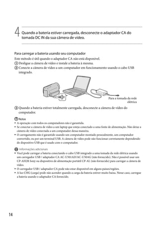 4

Quando a bateria estiver carregada, desconecte o adaptador CA do
tomada DC IN da sua câmera de vídeo.

Para carregar a bateria usando seu computador
Este método é útil quando o adaptador CA não está disponível.
 Desligue a câmera de vídeo e instale a bateria à mesma.
 Conecte a câmera de vídeo a um computador em funcionamento usando o cabo USB
integrado.

Para a tomada da rede
elétrica

 Quando a bateria estiver totalmente carregada, desconecte a câmera de vídeo do
computador.
 Notas
A operação com todos os computadores não é garantida.
 Se conectar a câmera de vídeo a um laptop que esteja conectado a uma fonte de alimentação. Não deixe a
câmera de vídeo conectada a um computador dessa maneira.
 O carregamento não é garantido usando um computador montado pessoalmente, um computador
convertido, ou por um terminal USB. A câmera de vídeo pode não funcionar corretamente dependendo
do dispositivo USB que é usado com o computador.








14

Informações adicionais
Você pode carregar a bateria conectando o cabo USB integrado a uma tomada da rede elétrica usando
um carregador USB / adaptador CA AC-U501AD/AC-U50AG (não fornecido). Não é possível usar um
CP-AH2R Sony ou dispositivo de alimentação portátil CP-AL (não fornecido) para carregar a câmera de
vídeo.
O carregador USB / adaptador CA pode não estar disponível em alguns países/regiões.
A luz CHG (carga) pode não acender quando a carga da bateria estiver muito baixa. Nesse caso, carregue
a bateria usando o adaptador CA fornecido.

 