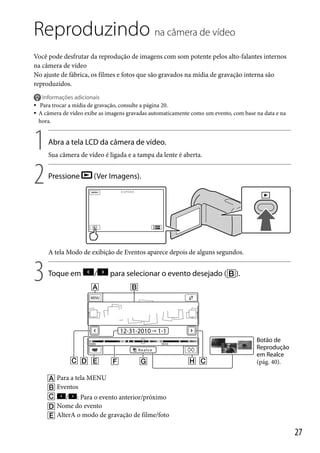 Reproduzindo na câmera de vídeo
Você pode desfrutar da reprodução de imagens com som potente pelos alto-falantes internos
na câmera de vídeo
No ajuste de fábrica, os filmes e fotos que são gravados na mídia de gravação interna são
reproduzidos.




Informações adicionais
Para trocar a mídia de gravação, consulte a página 20.
A câmera de vídeo exibe as imagens gravadas automaticamente como um evento, com base na data e na
hora.

1
2

Abra a tela LCD da câmera de vídeo.
Sua câmera de vídeo é ligada e a tampa da lente é aberta.

Pressione

(Ver Imagens).

A tela Modo de exibição de Eventos aparece depois de alguns segundos.

3

Toque em

/

para selecionar o evento desejado ().

Botão de
Reprodução
em Realce
(pág. 40).

 Para a tela MENU
 Eventos

/ : Para o evento anterior/próximo
 Nome do evento
 AlterA o modo de gravação de filme/foto

27

 