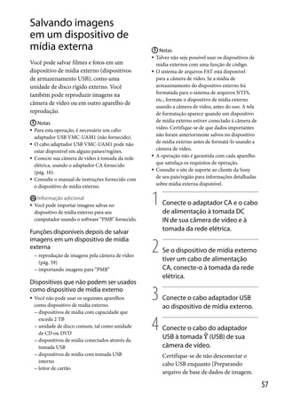 Salvando imagens
em um dispositivo de
mídia externa
Você pode salvar filmes e fotos em um
dispositivo de mídia externo (dispositivos
de armazenamento USB), como uma
unidade de disco rígido externo. Você
também pode reproduzir imagens na
câmera de vídeo ou em outro aparelho de
reprodução.
 Notas
Para esta operação, é necessário um cabo
adaptador USB VMC-UAM1 (não fornecido).
 O cabo adaptador USB VMC-UAM1 pode não
estar disponível em alguns países/regiões.
 Conecte sua câmera de vídeo à tomada da rede
elétrica, usando o adaptador CA fornecido
(pág. 16).
 Consulte o manual de instruções fornecido com
o dispositivo de mídia externo.





Informação adicional
Você pode importar imagens salvas no
dispositivo de mídia externo para seu
computador usando o software “PMB” fornecido.

Funções disponíveis depois de salvar
imagens em um dispositivo de mídia
externa
 reprodução

de imagens pela câmera de vídeo

 Notas
Talvez não seja possível usar os dispositivos de
mídia externos com uma função de código.
 O sistema de arquivos FAT está disponível
para a câmera de vídeo. Se a mídia de
armazenamento do dispositivo externo foi
formatada para o sistema de arquivos NTFS,
etc., formate o dispositivo de mídia externo
usando a câmera de vídeo, antes do uso. A tela
de formatação aparece quando um dispositivo
de mídia externo estiver conectado à câmera de
vídeo. Certifique-se de que dados importantes
não foram anteriormente salvos no dispositivo
de mídia externo antes de formatá-lo usando a
câmera de vídeo.
 A operação não é garantida com cada aparelho
que satisfaça os requisitos de operação.
 Consulte o site de suporte ao cliente da Sony
de seu país/região para informações detalhadas
sobre mídia externa disponível.


1
2

(pág. 59)
 importando imagens para “PMB”

Dispositivos que não podem ser usados
como dispositivo de mídia externo


Você não pode usar os seguintes aparelhos
como dispositivo de mídia externo.
 dispositivos de mídia com capacidade que
exceda 2 TB
 unidade de disco comum, tal como unidade
de CD ou DVD
 dispositivos de mídia conectados através da
tomada USB
 dispositivos de mídia com tomada USB
interno
 leitor de cartão

3
4

Conecte o adaptador CA e o cabo
de alimentação à tomada DC
IN de sua câmera de vídeo e à
tomada da rede elétrica.
Se o dispositivo de mídia externo
tiver um cabo de alimentação
CA, conecte-o à tomada da rede
elétrica.
Conecte o cabo adaptador USB
ao dispositivo de mídia externo.
Conecte o cabo do adaptador
USB à tomada  (USB) de sua
câmera de vídeo.
Certifique-se de não desconectar o
cabo USB enquanto [Preparando
arquivo de base de dados de imagem.

57

 