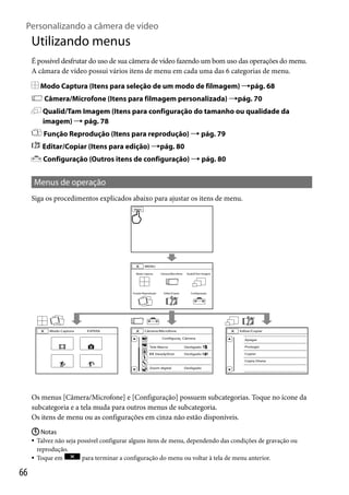 Personalizando a câmera de vídeo

Utilizando menus
É possível desfrutar do uso de sua câmera de vídeo fazendo um bom uso das operações do menu.
A câmara de vídeo possui vários itens de menu em cada uma das 6 categorias de menu.
Modo Captura (Itens para seleção de um modo de filmagem) pág. 68
Câmera/Microfone (Itens para filmagem personalizada) pág. 70
Qualid/Tam Imagem (Itens para configuração do tamanho ou qualidade da
imagem)  pág. 78
Função Reprodução (Itens para reprodução)  pág. 79
Editar/Copiar (Itens para edição) pág. 80
Configuração (Outros itens de configuração)  pág. 80

Menus de operação
Siga os procedimentos explicados abaixo para ajustar os itens de menu.

Os menus [Câmera/Microfone] e [Configuração] possuem subcategorias. Toque no ícone da
subcategoria e a tela muda para outros menus de subcategoria.
Os itens de menu ou as configurações em cinza não estão disponíveis.
 Notas
 Talvez não seja possível configurar alguns itens de menu, dependendo das condições de gravação ou
reprodução.
para terminar a configuração do menu ou voltar à tela de menu anterior.
 Toque em

66

 