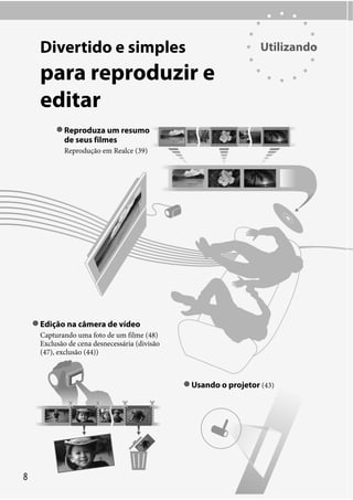 Divertido e simples

Utilizando

para reproduzir e
editar
Reproduza um resumo
de seus filmes
Reprodução em Realce (39)

Edição na câmera de vídeo
Capturando uma foto de um filme (48)
Exclusão de cena desnecessária (divisão
(47), exclusão (44))

Usando o projetor (43)

8

 
