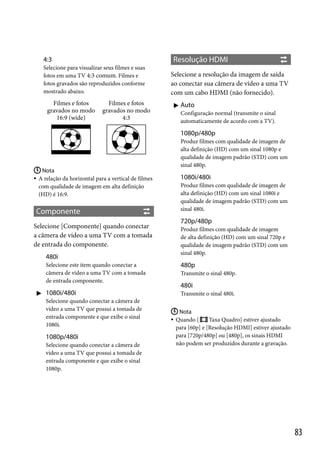 Resolução HDMI

4:3
Selecione para visualizar seus filmes e suas
fotos em uma TV 4:3 comum. Filmes e
fotos gravados são reproduzidos conforme
mostrado abaixo.

Filmes e fotos
gravados no modo
16:9 (wide)

Filmes e fotos
gravados no modo
4:3

Selecione a resolução da imagem de saída
ao conectar sua câmera de vídeo a uma TV
com um cabo HDMI (não fornecido).
 Auto
Configuração normal (transmite o sinal
automaticamente de acordo com a TV).

1080p/480p

 Nota
A relação da horizontal para a vertical de filmes
com qualidade de imagem em alta definição
(HD) é 16:9.



Componente
Selecione [Componente] quando conectar
a câmera de vídeo a uma TV com a tomada
de entrada do componente.
480i
Selecione este item quando conectar a
câmera de vídeo a uma TV com a tomada
de entrada componente.

 1080i/480i
Selecione quando conectar a câmera de
vídeo a uma TV que possui a tomada de
entrada componente e que exibe o sinal
1080i.

1080p/480i
Selecione quando conectar a câmera de
vídeo a uma TV que possui a tomada de
entrada componente e que exibe o sinal
1080p.

Produz filmes com qualidade de imagem de
alta definição (HD) com um sinal 1080p e
qualidade de imagem padrão (STD) com um
sinal 480p.

1080i/480i
Produz filmes com qualidade de imagem de
alta definição (HD) com um sinal 1080i e
qualidade de imagem padrão (STD) com um
sinal 480i.

720p/480p
Produz filmes com qualidade de imagem
de alta definição (HD) com um sinal 720p e
qualidade de imagem padrão (STD) com um
sinal 480p.

480p
Transmite o sinal 480p.

480i
Transmite o sinal 480i.
 Nota
 Quando [
Taxa Quadro] estiver ajustado
para [60p] e [Resolução HDMI] estiver ajustado
para [720p/480p] ou [480p], os sinais HDMI
não podem ser produzidos durante a gravação.

83

 