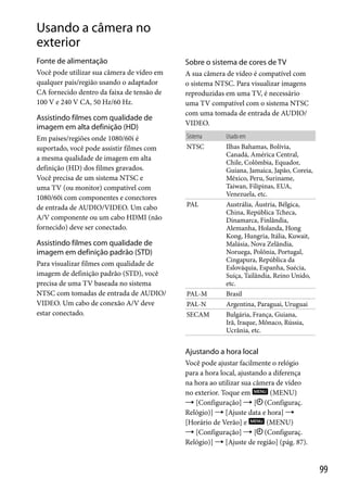 Usando a câmera no
exterior
Fonte de alimentação

Sobre o sistema de cores de TV

Você pode utilizar sua câmera de vídeo em
qualquer país/região usando o adaptador
CA fornecido dentro da faixa de tensão de
100 V e 240 V CA, 50 Hz/60 Hz.

A sua câmera de vídeo é compatível com
o sistema NTSC. Para visualizar imagens
reproduzidas em uma TV, é necessário
uma TV compatível com o sistema NTSC
com uma tomada de entrada de AUDIO/
VIDEO.

Assistindo filmes com qualidade de
imagem em alta definição (HD)
Em países/regiões onde 1080/60i é
suportado, você pode assistir filmes com
a mesma qualidade de imagem em alta
definição (HD) dos filmes gravados.
Você precisa de um sistema NTSC e
uma TV (ou monitor) compatível com
1080/60i com componentes e conectores
de entrada de AUDIO/VIDEO. Um cabo
A/V componente ou um cabo HDMI (não
fornecido) deve ser conectado.

Sistema
NTSC

PAL

Assistindo filmes com qualidade de
imagem em definição padrão (STD)
Para visualizar filmes com qualidade de
imagem de definição padrão (STD), você
precisa de uma TV baseada no sistema
NTSC com tomadas de entrada de AUDIO/
VIDEO. Um cabo de conexão A/V deve
estar conectado.

PAL-M
PAL-N
SECAM

Usado em
Ilhas Bahamas, Bolívia,
Canadá, América Central,
Chile, Colômbia, Equador,
Guiana, Jamaica, Japão, Coreia,
México, Peru, Suriname,
Taiwan, Filipinas, EUA,
Venezuela, etc.
Austrália, Áustria, Bélgica,
China, República Tcheca,
Dinamarca, Finlândia,
Alemanha, Holanda, Hong
Kong, Hungria, Itália, Kuwait,
Malásia, Nova Zelândia,
Noruega, Polônia, Portugal,
Cingapura, República da
Eslováquia, Espanha, Suécia,
Suíça, Tailândia, Reino Unido,
etc.
Brasil
Argentina, Paraguai, Uruguai
Bulgária, França, Guiana,
Irã, Iraque, Mônaco, Rússia,
Ucrânia, etc.

Ajustando a hora local
Você pode ajustar facilmente o relógio
para a hora local, ajustando a diferença
na hora ao utilizar sua câmera de vídeo
no exterior. Toque em
(MENU)
 [Configuração]  [ (Configuraç.
Relógio)]  [Ajuste data e hora] 
[Horário de Verão] e
(MENU)
 [Configuração]  [ (Configuraç.
Relógio)]  [Ajuste de região] (pág. 87).

99

 