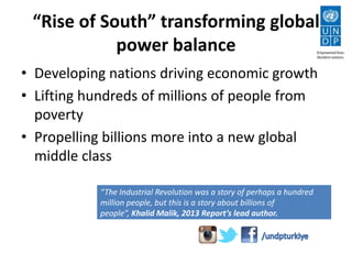 “Rise of South” transforming global
power balance
• Developing nations driving economic growth
• Lifting hundreds of millions of people from
poverty
• Propelling billions more into a new global
middle class
“The Industrial Revolution was a story of perhaps a hundred
million people, but this is a story about billions of people”,
Khalid Malik, 2013 Report’s lead author.
 