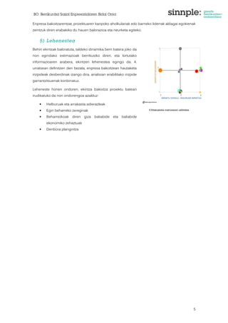 BO: Berrikuntza Sozial Enpresarialaren Bidai Orria 
Enpresa bakoitzarentzat, proiektuaren kanpoko aholkulariak edo barneko liderrak aldagai egokienak 
zeintzuk diren erabakiko du hauen balorazioa eta neurketa egiteko. 
5 
5) Lehenestea 
Behin ekintzak baloratuta, taldeko dinamika berri batera joko da 
non egindako estimazioak berrikusiko diren, eta lortutako 
informazioaren arabera, ekintzen lehenestea egingo da. 4. 
urratsean definitzen den bezala, enpresa bakoitzean hautaketa 
irizpideak desberdinak izango dira, analisian erabilitako irizpide 
garrantzitsuenak konbinatuz. 
Leheneste honen ondoren, ekintza bakoitza proiektu batean 
irudikatuko da non ondorengoa azalduz: 
• Helburuak eta arrakasta adierazleak 
• Egin beharreko zereginak 
• Beharrezkoak diren giza baliabide eta baliabide 
ekonomiko zehaztuak 
• Denbora plangintza 
6 Ebaluaketa matrizearen adibidea 
 