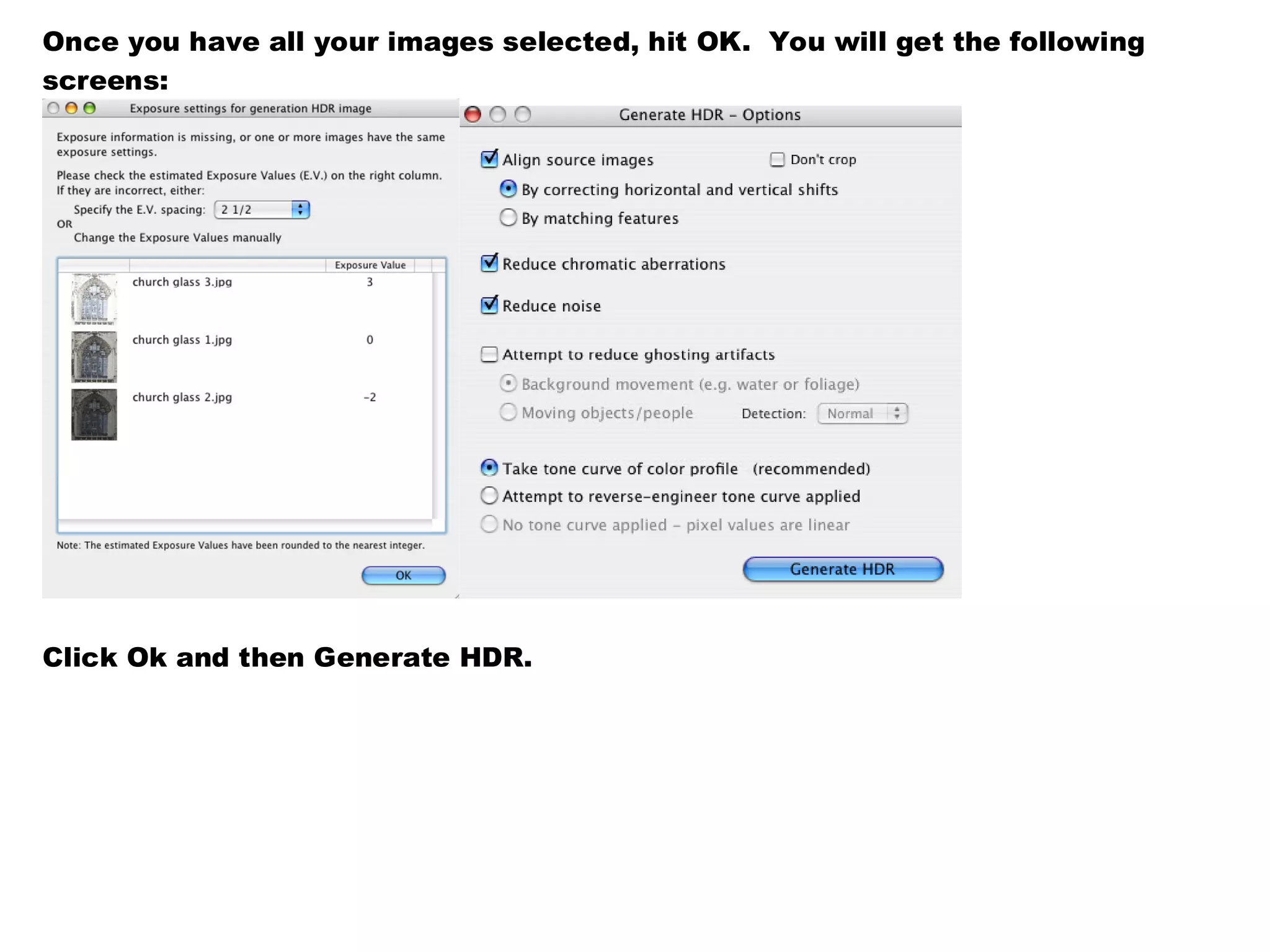 Once you have all your images selected, hit OK. You will get the following
screens:




Click Ok and then Generate HDR.
 