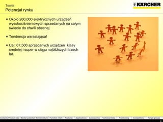 Teoria Potencjał rynku Około  260,000  elektrycznych urządzeń wysokociśnieniowych sprzedanych na całym świecie do chwili obecnej  Tendencja wzrastająca! Cel : 67,500  sprzedanych urządzeń  klasy średniej i super w ciągu najbliższych trzech lat. 