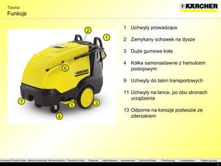 Teoria Funkcje Uchwyty prowadzące 2 Zamykany schowek na dysze 3 Duże gumowe koła 4  Kółka samonastawne z hamulcem postojowym  Uchwyty do taśm transportowych Uchwyty na lance, po obu stronach urządzenia  Odporne na korozje podwozie ze zderzakiem 1 3 2 5 4 6 7 