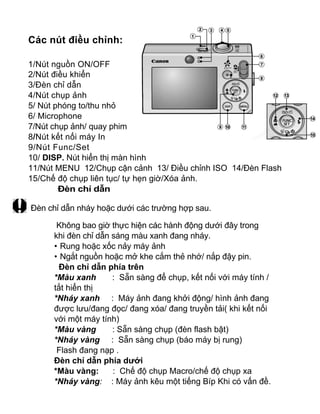 Các nút điều chỉnh:

1/Nút nguồn ON/OFF
2/Nút điều khiển
3/Đèn chỉ dẫn
4/Nút chụp ảnh
5/ Nút phóng to/thu nhỏ
6/ Microphone
7/Nút chụp ảnh/ quay phim
8/Nút kết nối máy In
9/Nút Func/Set
10/ DISP. Nút hiển thị màn hình
11/Nút MENU 12/Chụp cận cảnh 13/ Điều chỉnh ISO 14/Đèn Flash
15/Chế độ chụp liên tục/ tự hẹn giờ/Xóa ảnh.
        Đèn chỉ dẫn

Đèn chỉ dẫn nháy hoặc dưới các trường hợp sau.

       Không bao giờ thực hiện các hành động dưới đây trong
      khi đèn chỉ dẫn sáng màu xanh đang nháy.
      • Rung hoặc xốc nảy máy ảnh
      • Ngắt nguồn hoặc mở khe cắm thẻ nhớ/ nắp đậy pin.
        Đèn chỉ dẫn phía trên
      *Màu xanh       : Sẵn sàng để chụp, kết nối với máy tính /
      tắt hiển thị
      *Nháy xanh : Máy ảnh đang khởi động/ hình ảnh đang
      được lưu/đang đọc/ đang xóa/ đang truyền tải( khi kết nối
      với một máy tính)
      *Màu vàng       : Sẵn sàng chụp (đèn flash bật)
      *Nháy vàng : Sẵn sàng chụp (báo máy bị rung)
       Flash đang nạp .
      Đèn chỉ dẫn phía dưới
      *Màu vàng:      : Chế độ chụp Macro/chế độ chụp xa
      *Nháy vàng: : Máy ảnh kêu một tiếng Bíp Khi có vấn đề.
 