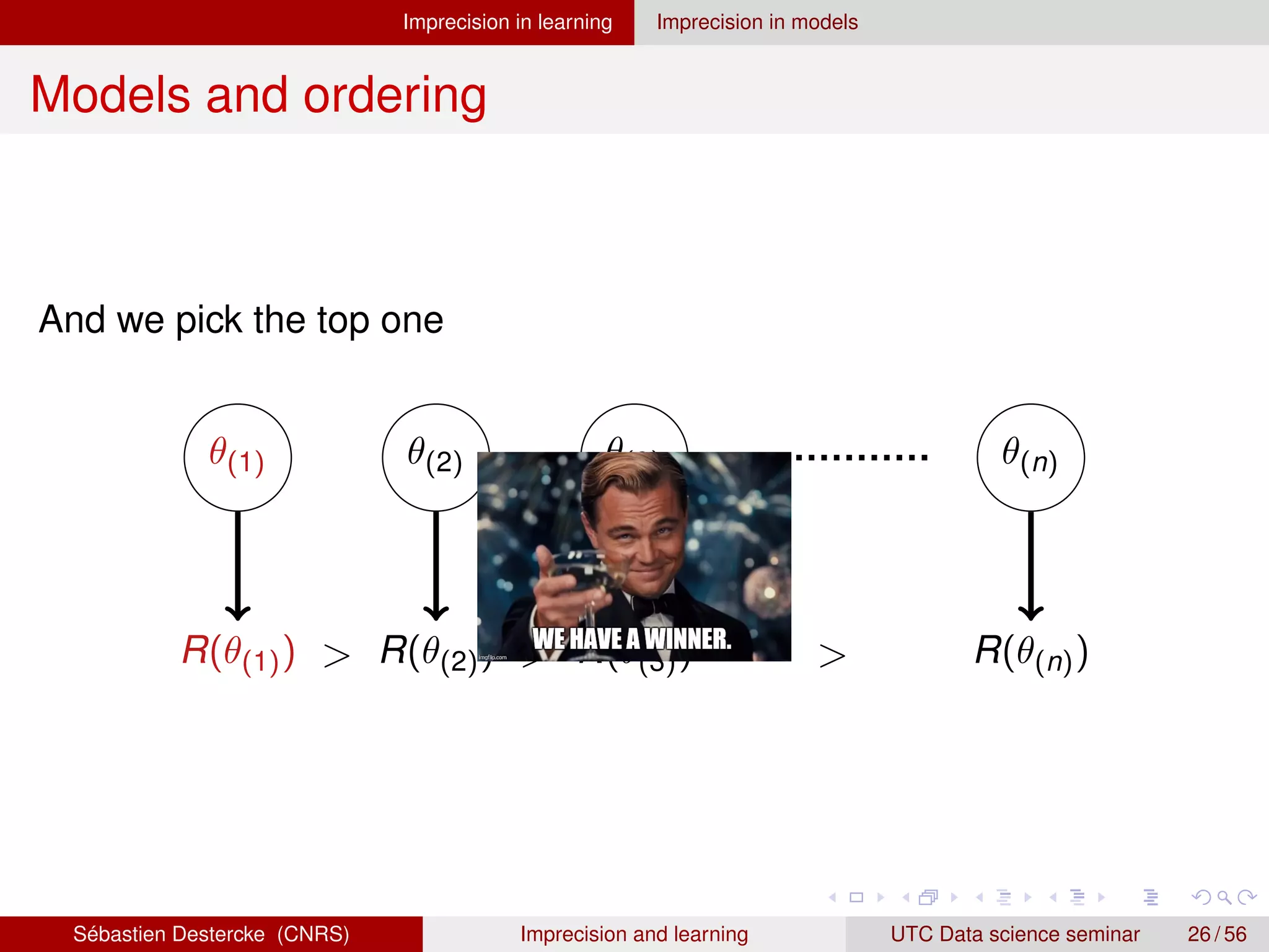 Imprecision in learning Imprecision in models
Models and ordering
And we pick the top one
θ(1) θ(2) θ(3) θ(n)
R(θ(1)) R(θ(2)) R(θ(3)) R(θ(n))
  
Sébastien Destercke (CNRS) Imprecision and learning UTC Data science seminar 26 / 56
 