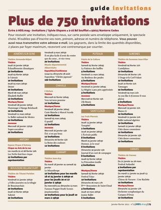 guide invitations

Plus de 750 invitations
Écrire à HDS.mag - Invitations / Sylvie Dispans G 2-16 Bd Soufflot G 92015 Nanterre Cedex
Pour recevoir une invitation, indiquez-nous, sur carte postale sans enveloppe uniquement, le spectacle
choisi. N’oubliez pas d’inscrire vos nom, prénom, adresse et numéro de téléphone. Vous pouvez
aussi nous transmettre votre adresse e-mail. Les gagnants, dans la limite des quantités disponibles,
2 places par foyer maximum, recevront une contremarque par courrier.
                                   Vendredi 4 mars 20h30
      ASNIÈRES-SUR-SEINE                                                              PUTEAUX                                SURESNES
                                   Il est plus facile d'avoir du ventre
Théâtre Armande-Béjart             que du cœur... et vice versa           Palais de la Culture                   Théâtre de Suresnes Jean-Vilar
Théâtre                            20 invitations                         Théâtre                                Théâtre
Jeudi 20 janvier 20h30             Musée départemental                    Samedi 05 février 20h45                Vendredi 04 février 21h
Échauffements climatiques          Albert-Kahn                            La Patience des buffles                Casteljaloux
50 invitations                     Exposition/Conférence                  4 invitations                          10 invitations
Jeudi 03 février 20h30             Jusqu'au dimanche 28 août              Vendredi 11 mars 20h45                 Dimanche 06 février 17h
Je l'aimais                        Exposition "Clichés japonais"          Au Bonheur des poules                  L'Orage et le Cerf-Volant
10 invitations                     100 invitations                        4 invitations                          10 invitations
Jeudi 03 mars 20h30                                                       Musique/Danse                          Jeudi 10 février 21h
Désiré                                          CHAVILLE                  Vendredi 21 janvier 20h45              Tatouages
20 invitations                                                            La Mégère à peu près apprivoisée       10 invitations
                                   L'Atrium
Mardi 08 mars 20h30                                                       4 invitations                          Vendredi 04 mars 21h
                                   Théâtre
Élisabeth Buffet                                                          Jeunesse                               As you like it (Comme il vous
                                   Mercredi 02 février 20h45
10 invitations                                                            Mercredi 02 février 15h                plaira)
                                   Vers toi terre promise
Musique/Danse                                                             Zik Boum                               4 invitations
                                   12 invitations
Vendredi 28 janvier 20h30                                                 4 invitations                          Musique/Danse
                                   Musique/Danse
Hommage à Django Reinhardt                                                                                       Mercredi 19 janvier 21h
                                   Vendredi 28 janvier 20h45
10 invitations
                                   Carte blanche à Marcel Azzola
                                                                                   SAINT-CLOUD                   Bianca Li
Vendredi 11 mars 20h30                                                                                           10 invitations
                                   12 invitations                         Les Trois Pierrots
Le Ballet national de Mexico                                                                                     Vendredi 21 janvier 21h
                                   Samedi 05 mars 20h45
10 invitations                                                            Théâtre                                Ballet national algérien
                                   O positif                              Jeudi 13 janvier 20h30
Jeunesse                                                                                                         10 invitations
                                   12 invitations                         Tempête!
Mercredi 26 janvier 15h30                                                                                        Samedi 22 janvier 18h30
                                   Jeunesse
Super-cascadeur                                                           2 invitations                          Cités danse connexions
                                   Mercredi 26 janvier 15h
20 invitations                                                            Jeudi 20 janvier 20h30                 10 invitations
                                   Éric n'est pas beau                    L'Écrivain public                      Dimanche 30 janvier 15h
                                   12 invitations                         8 invitations                          Cités danse connexions
             ANTONY                Dimanche 06 février 15h                Mardi 25 janvier 20h30                 10 invitations
                                   La Reine des couleurs                  Dormez, je le veux!
Espace Cirque d'Antony             12 invitations
Cirque ou Arts de la rue
                                                                          8 invitations
                                                                          Dimanche 30 janvier 15h                             VANVES
Les mardis 01 et 08 février 20h
                                                CLAMART                   Journal d'un curé de campagne
Les NoNo font leur cirque                                                                                        Théâtre de Vanves
                                                                          8 invitations
12 invitations par                 Théâtre Jean-Arp                                                              Théâtre
                                                                          Jeudi 03 février 20h30
représentation                     Théâtre                                                                       Du 21 janvier au 26 mars
                                                                          La Précaution inutile
                                   Du mardi 18 janvier au samedi 29       4 invitations                          Festival Ardanthé
   BOULOGNE-BILLANCOURT            janvier                                                                       4 invitations par
                                   Le Misanthrope                         Musique/Danse                          représentation
Théâtre de l'Ouest Parisien        10 invitations pour les mardis         Samedi 05 février 20h30                Du mardi 11 janvier au jeudi 13
Théâtre                            18 et 25 janvier à 20h30 et            Festival Träce                         janvier 20h30
Vendredi 21 janvier 20h30          pour les jeudis 20 et 27               10 invitations                         Chiens de Navarre : Une Raclette
3 Folles journées ou la trilogie   janvier à 19h30                        Dimanche 06 mars 17h                   10 invitations
de Beaumarchais                    Du mercredi 9 au dimanche 13 mars      8èmes Rencontres de Saint-Cloud        Musique/Danse
20 invitations                     Famous Puppet Death Scenes             4 invitations                          Dimanche 23 janvier 17h
Jeudi 10 février 20h30             (marionnettes)                         Jeudi 10 mars 20h30                    Orchestre symphonique du
Salomé                             10 invitations pour le jeudi 10        Junior Ballet                          Campus d'Orsay
20 invitations                     mars à 19h30                           6 invitations                          10 invitations

                                                                                                          janvier-février 2011 - n°15| HDS. m a g | 79
 