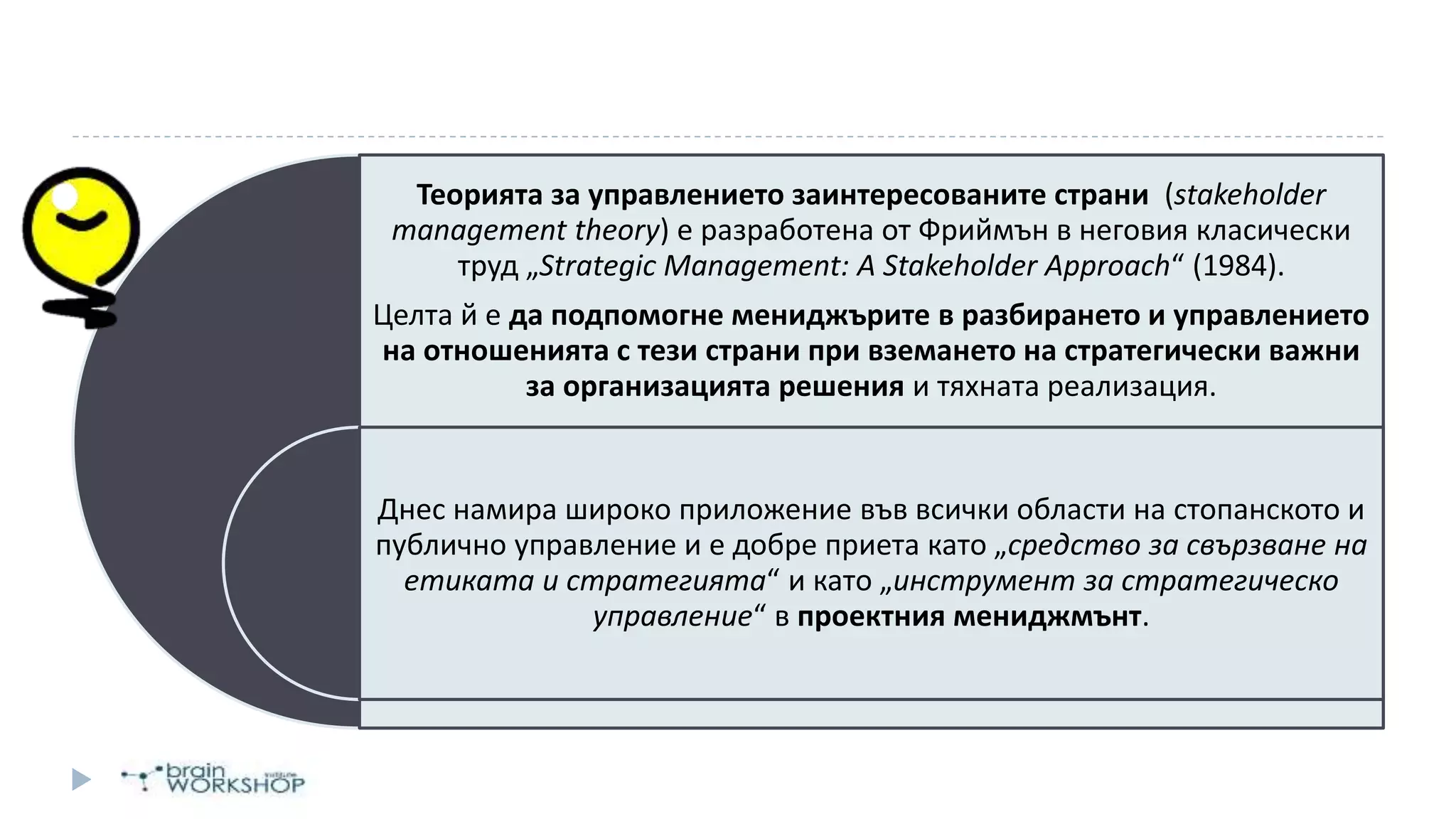 Теорията за управлението заинтересованите страни (stakeholder
management theory) e разработена от Фриймън в неговия класически
труд „Strategic Management: A Stakeholder Approach“ (1984).
Целта й е да подпомогне мениджърите в разбирането и управлението
на отношенията с тези страни при вземането на стратегически важни
за организацията решения и тяхната реализация.
Днес намира широко приложение във всички области на стопанското и
публично управление и е добре приета като „средство за свързване на
етиката и стратегията“ и като „инструмент за стратегическо
управление“ в проектния мениджмънт.
 