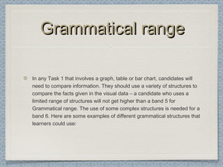 Grammatical rangeGrammatical range
In any Task 1 that involves a graph, table or bar chart, candidates will
need to compare information. They should use a variety of structures to
compare the facts given in the visual data – a candidate who uses a
limited range of structures will not get higher than a band 5 for
Grammatical range. The use of some complex structures is needed for a
band 6. Here are some examples of different grammatical structures that
learners could use:
 