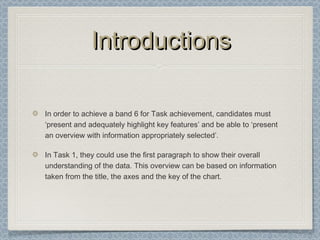 IntroductionsIntroductions
In order to achieve a band 6 for Task achievement, candidates must
‘present and adequately highlight key features’ and be able to ‘present
an overview with information appropriately selected’.
In Task 1, they could use the first paragraph to show their overall
understanding of the data. This overview can be based on information
taken from the title, the axes and the key of the chart.
 