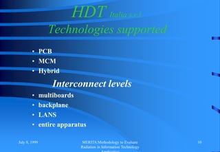 July 8, 1999 MERITA:Methodology to Evaluate
Radiation in Information Technology
10
HDT Italia s.r.l.
Technologies supported
• PCB
• MCM
• Hybrid
Interconnect levels
• multiboards
• backplane
• LANS
• entire apparatus
 