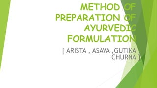 METHOD OF
PREPARATION OF
AYURVEDIC
FORMULATION
[ ARISTA , ASAVA ,GUTIKA ,
CHURNA ]
 