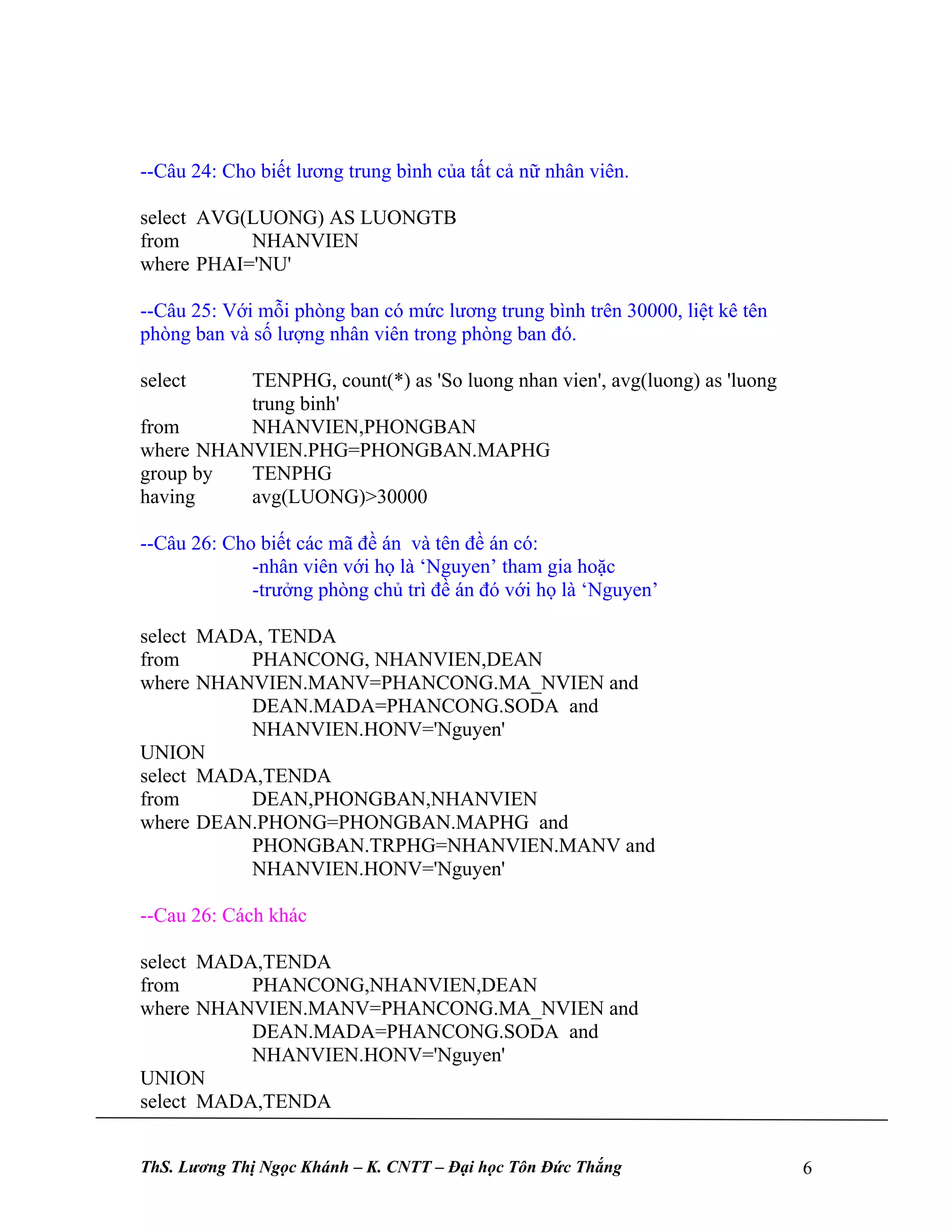 --Câu 24: Cho biết lương trung bình của tất cả nữ nhân viên.

select AVG(LUONG) AS LUONGTB
from       NHANVIEN
where PHAI='NU'

--Câu 25: Với mỗi phòng ban có mức lương trung bình trên 30000, liệt kê tên
phòng ban và số lượng nhân viên trong phòng ban đó.

select    TENPHG, count(*) as 'So luong nhan vien', avg(luong) as 'luong
          trung binh'
from      NHANVIEN,PHONGBAN
where NHANVIEN.PHG=PHONGBAN.MAPHG
group by  TENPHG
having    avg(LUONG)>30000

--Câu 26: Cho biết các mã đề án và tên đề án có:
             -nhân viên với họ là ‘Nguyen’ tham gia hoặc
             -trưởng phòng chủ trì đề án đó với họ là ‘Nguyen’

select MADA, TENDA
from       PHANCONG, NHANVIEN,DEAN
where NHANVIEN.MANV=PHANCONG.MA_NVIEN and
           DEAN.MADA=PHANCONG.SODA and
           NHANVIEN.HONV='Nguyen'
UNION
select MADA,TENDA
from       DEAN,PHONGBAN,NHANVIEN
where DEAN.PHONG=PHONGBAN.MAPHG and
           PHONGBAN.TRPHG=NHANVIEN.MANV and
           NHANVIEN.HONV='Nguyen'

--Cau 26: Cách khác

select MADA,TENDA
from       PHANCONG,NHANVIEN,DEAN
where NHANVIEN.MANV=PHANCONG.MA_NVIEN and
           DEAN.MADA=PHANCONG.SODA and
           NHANVIEN.HONV='Nguyen'
UNION
select MADA,TENDA


ThS. Lương Thị Ngọc Khánh – K. CNTT – Đại học Tôn Đức Thắng                   6
 