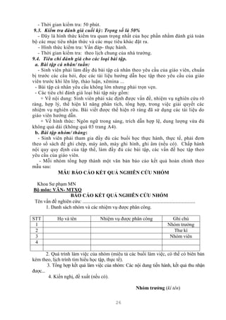 26
- Thời gian kiểm tra: 50 phút.
9.3. Kiểm tra đánh giá cuối kỳ: Trọng số là 50%
- Đây là hình thức kiểm tra quan trọng nhất của học phần nhằm đánh giá toàn
bộ các mục tiêu nhận thức và các mục tiêu khác đặt ra.
- Hình thức kiểm tra: Vấn đáp- thực hành.
- Thời gian kiểm tra: theo lịch chung của nhà trường.
9.4. Tiêu chí đánh giá cho các loại bài tập.
a. Bài tập cá nhân/ tuần:
- Sinh viên phải làm đầy đủ bài tập cá nhân theo yêu cầu của giáo viên, chuẩn
bị trước các câu hỏi, đọc các tài liệu hướng dẫn học tập theo yêu cầu của giáo
viên trước khi lên lớp, thảo luận, xêmina ...
- Bài tập cá nhân yêu cầu không lớn nhưng phải trọn vẹn.
- Các tiêu chí đánh giá loại bài tập này gồm:
+ Về nội dung: Sinh viên phải xác định được vấn đề, nhiệm vụ nghiên cứu rõ
ràng, hợp lý, thể hiện kĩ năng phân tích, tổng hợp, trong việc giải quyết các
nhiệm vụ nghiên cứu. Bài viết được thể hiện rõ ràng đã sử dụng các tài liệu do
giáo viên hướng dẫn.
+ Về hình thức: Ngôn ngữ trong sáng, trích dẫn hợp lệ, dung lượng vừa đủ
không quá dài (không quá 03 trang A4).
b. Bài tập nhóm/ tháng:
- Sinh viên phải tham gia đầy đủ các buổi học thực hành, thực tế, phải đem
theo sổ sách để ghi chép, máy ảnh, máy ghi hình, ghi âm (nếu có). Chấp hành
nội quy quy định của tập thể, làm đầy đủ các bài tập, các vấn đề học tập theo
yêu cầu của giáo viên.
- Mỗi nhóm tổng hợp thành một văn bản báo cáo kết quả hoàn chỉnh theo
mẫu sau:
MẪU BÁO CÁO KẾT QUẢ NGHIÊN CỨU NHÓM
Khoa Sư phạm MN
Bộ môn: VĂN- MTXQ
BÁO CÁO KẾT QUẢ NGHIÊN CỨU NHÓM
Tên vấn đề nghiên cứu: .........................................................................................
1. Danh sách nhóm và các nhiệm vụ được phân công.
STT Họ và tên Nhiệm vụ được phân công Ghi chú
1 Nhóm trưởng
2 Thư kí
3 Nhóm viên
4
2. Quá trình làm việc của nhóm (miêu tả các buổi làm việc, có thể có biên bản
kèm theo, lịch trình tìm hiểu học tập, thực tế).
3. Tổng hợp kết quả làm việc của nhóm: Các nội dung tiến hành, kết quả thu nhận
được...
4. Kiến nghị, đề xuất (nếu có).
Nhóm trưởng (kí tên)
 