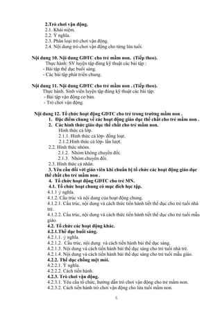 6
2.Trò chơi vận động.
2.1. Khái niệm.
2.2. Ý nghĩa.
2.3. Phân loại trò chơi vận động.
2.4. Nội dung trò chơi vận động cho từng lứa tuổi.
Nội dung 10. Nội dung GDTC cho trẻ mầm non. (Tiếp theo).
Thực hành: SV luyện tập đúng kỹ thuật các bài tập :
- Bài tập thể dục buổi sáng.
- Các bài tập phát triển chung.
Nội dung 11. Nội dung GDTC cho trẻ mầm non . (Tiếp theo).
Thực hành. Sinh viên luyện tập đúng kỹ thuật các bài tập:
- Bài tập vận động cơ bản.
- Trò chơi vận động.
Nội dung 12. Tổ chức hoạt động GDTC cho trẻ trong trường mầm non .
1. Đặc điểm chung về các hoạt động giáo dục thể chất cho trẻ mầm non .
2. Các hình thức giáo dục thể chất cho trẻ mầm non.
Hình thức cả lớp.
2.1.1. Hình thức cả lớp- đồng loạt.
2.1.2.Hình thức cả lớp- lần lượt.
2.2. Hình thức nhóm.
2.1.2. Nhóm không chuyển đổi.
2.1.3. Nhóm chuyển đổi.
2.3. Hình thức cá nhân.
3. Yêu cầu đối với giáo viên khi chuẩn bị tổ chức các hoạt động giáo dục
thể chất cho trẻ mầm non .
4. Tổ chức hoạt động GDTC cho trẻ MN.
4.1. Tổ chức hoạt chung có mục đích học tập.
4.1.1 ý nghĩa.
4.1.2. Cấu trúc và nội dung của hoạt động chung.
4.1.2.1. Cấu trúc, nội dung và cách thức tiến hành tiết thể dục cho trẻ tuổi nhà
trẻ.
4.1.2.2. Cấu trúc, nội dung và cách thức tiến hành tiết thể dục cho trẻ tuổi mẫu
giáo.
4.2. Tổ chức các hoạt động khác.
4.2.1.Thể dục buổi sáng.
4.2.1.1. ý nghĩa.
4.2.1.2. Cấu trúc, nội dung và cách tiến hành bài thể dục sáng.
4.2.1.3. Nội dung và cách tiến hành bài thể dục sáng cho trẻ tuổi nhà trẻ.
4.2.1.4. Nội dung và cách tiến hành bài thể dục sáng cho trẻ tuổi mẫu giáo.
4.2.2. Thể dục chống mệt mỏi.
4.2.2.1. Ý nghĩa.
4.2.2.2. Cách tiến hành.
4.2.3. Trò chơi vận động.
4.2.3.1. Yêu cầu tổ chức, hướng dẫn trò chơi vận động cho trẻ mầm non.
4.2.3.2. Cách tiến hành trò chơi vận động cho lứa tuổi mầm non.
 